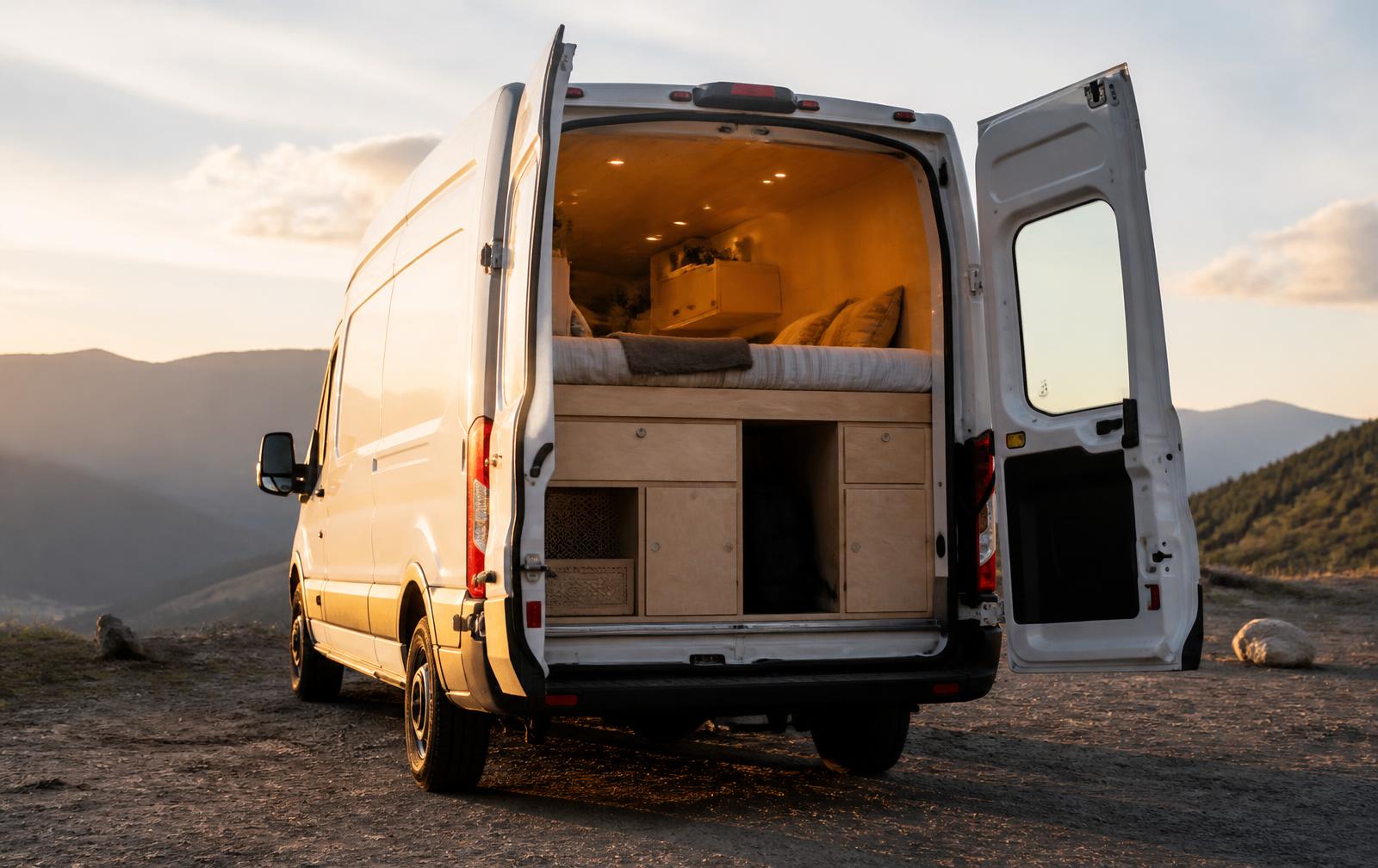 Ford Transit high roof cargo van converted into a camper with plywood cabinets, rear doors open at sunset
